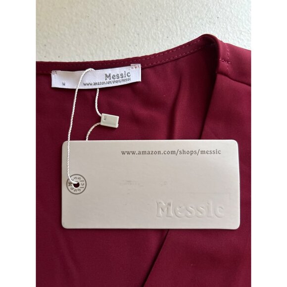 Messic Womens Burgundy V-Neck Blouse With Sheer Polka Dot 3/4 Sleeves Medium - Picture 4 of 9